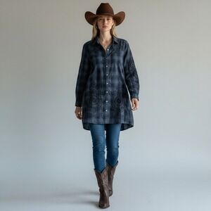 3J Workshop Johnny Was Plaid Eyelet Embroidered Button‎ Down Tunic Shirt Blue XS